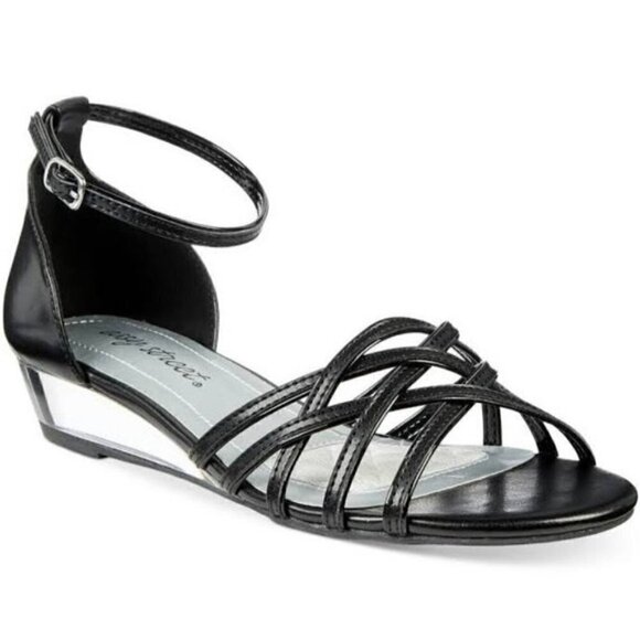 Easy Street Tarrah Evening Sandals Black Patent Clear Wedge - Picture 1 of 5